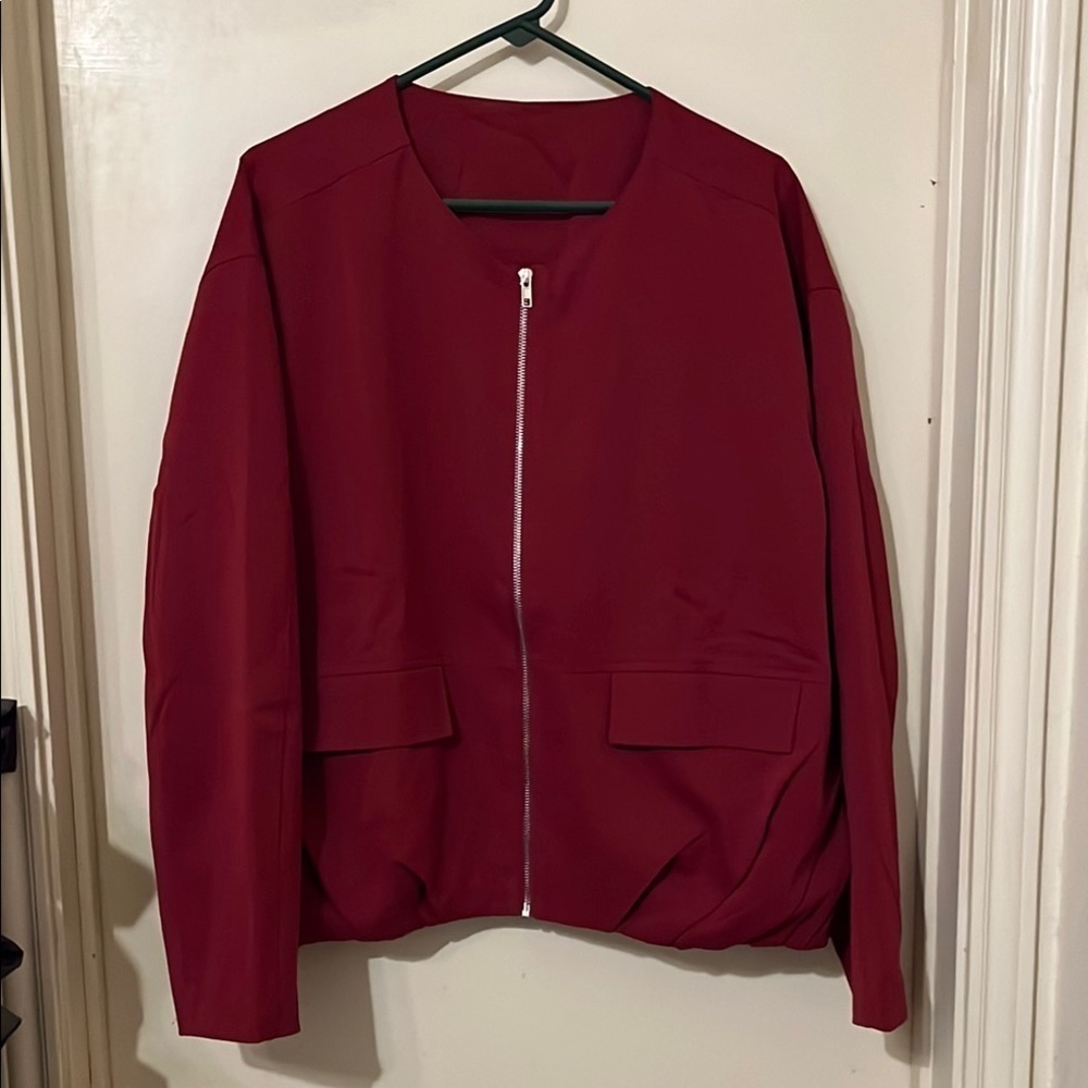 NWOT Red Bomber Jacket with Silver Zipper and Collarless Neckline
